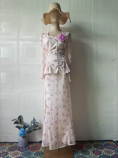 pink Floral Long Sleeve Top Long Skirt