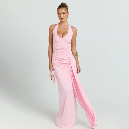 pink deep V halterneck open back streamer dress