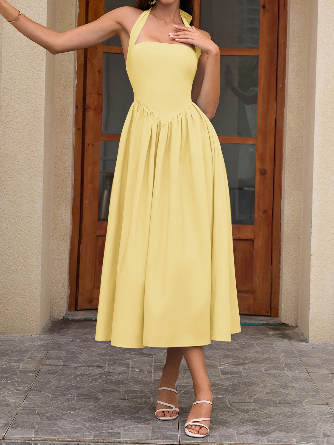 yellow halterneck strap backless midi dress