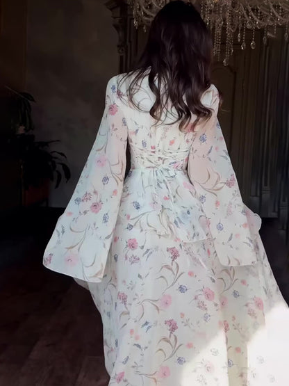 white floral long-sleeved maxi dress