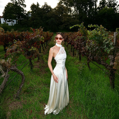 white halterneck lace patchwork satin dress