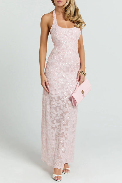 pink sequin strap sleeveless banquet dress