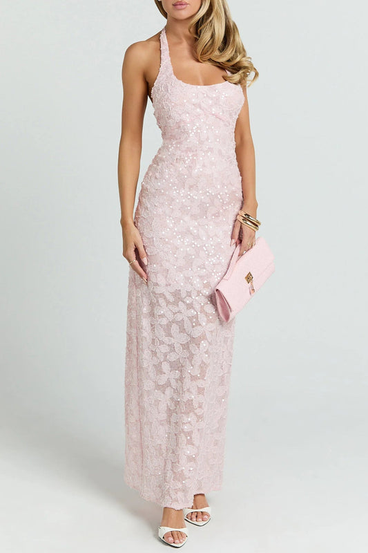 Light Pink Sequin Butterfly Lace Halter Midi Dress