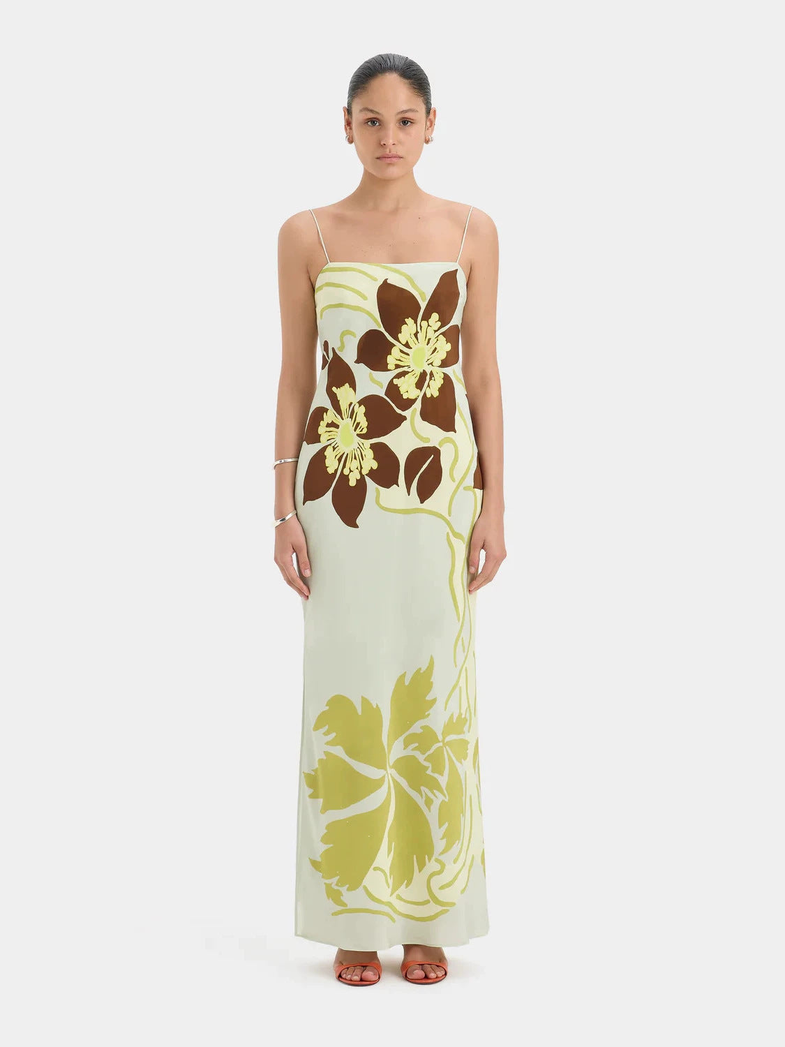 yellow printed square neck suspender maxi dress