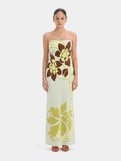 yellow printed square neck suspender maxi dress