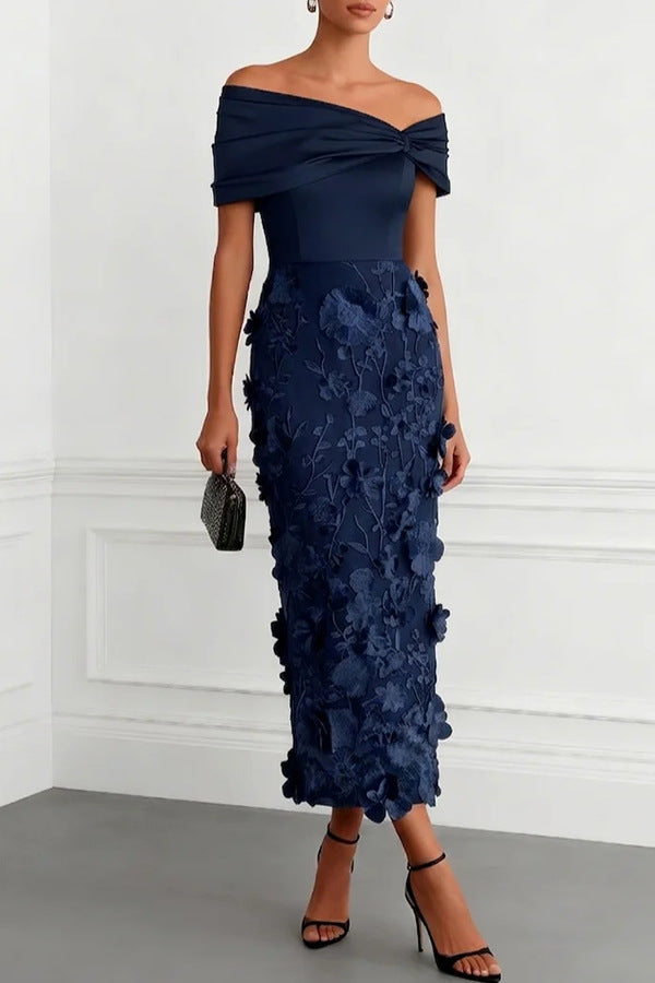 Off-shoulder midi dress with faux 3D floral embroidery