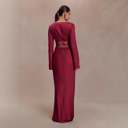 red lace patchwork V-neck satin hip maxi dress