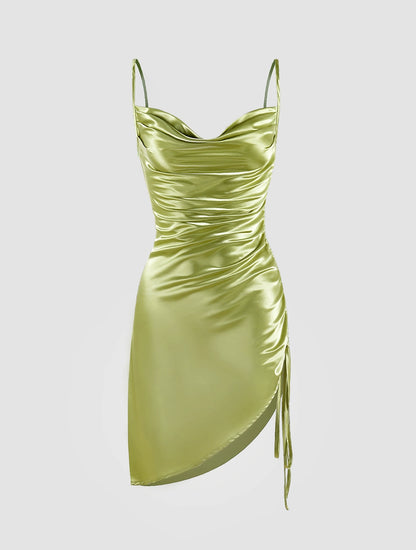 swing collar glossy satin drawstring strap suspender dress