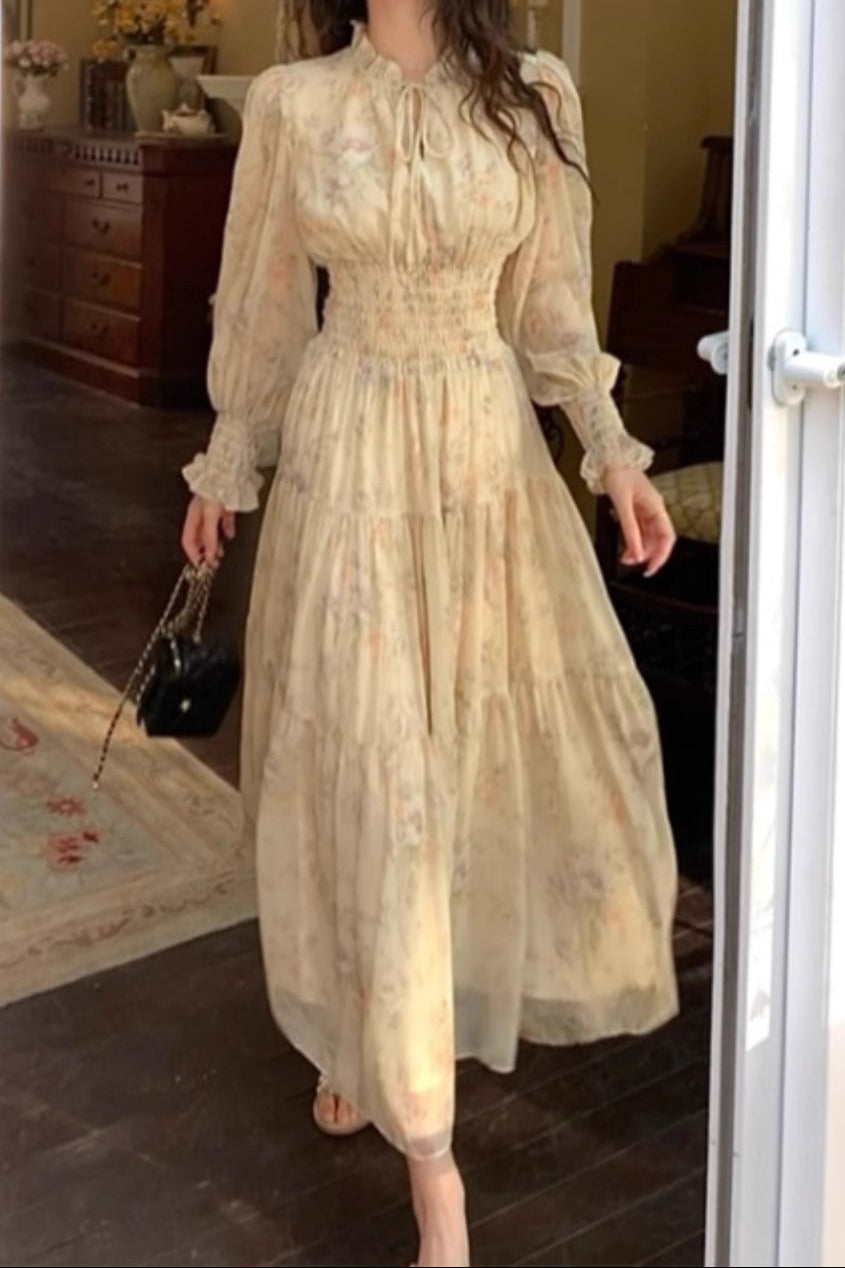 French floral print chiffon maxi dress
