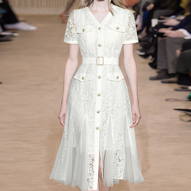 White Lace V-Neck Belted Midi Dress with Tulle Panels