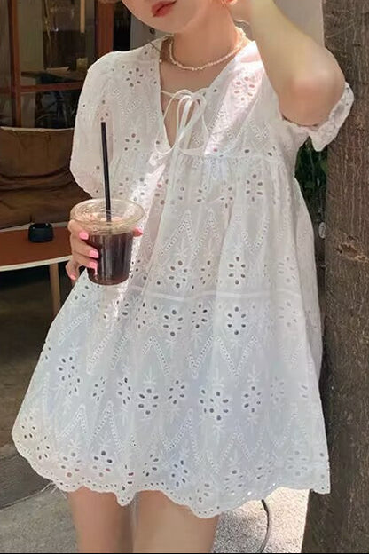 Hollow-out lace puff sleeve blouse