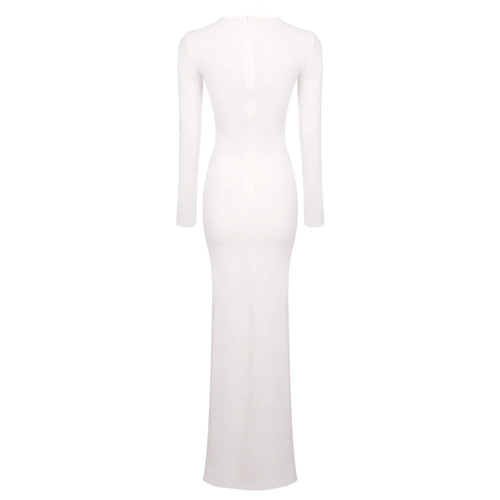 white Ribbon-neck long-sleeved bodycon dress