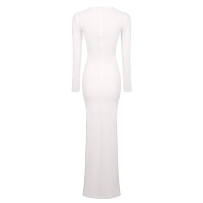 white Ribbon-neck long-sleeved bodycon dress