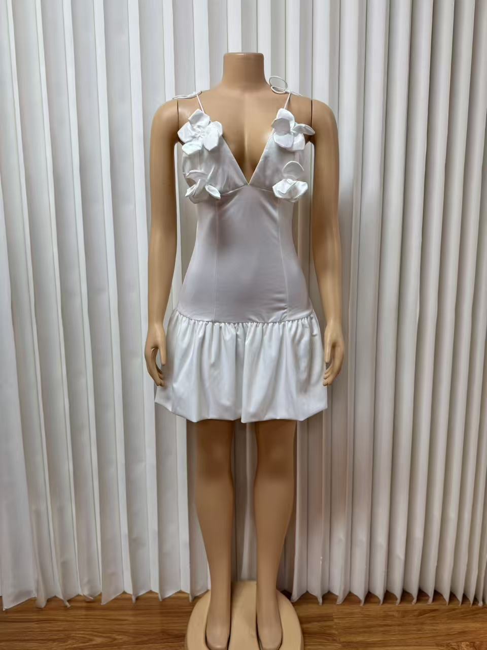 White Ruffled Mini Dress with Floral Shoulder Details Premium Fabric - product view 2