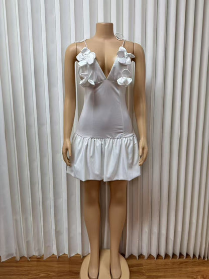 White Ruffled Mini Dress with Floral Shoulder Details Premium Fabric - product view 2