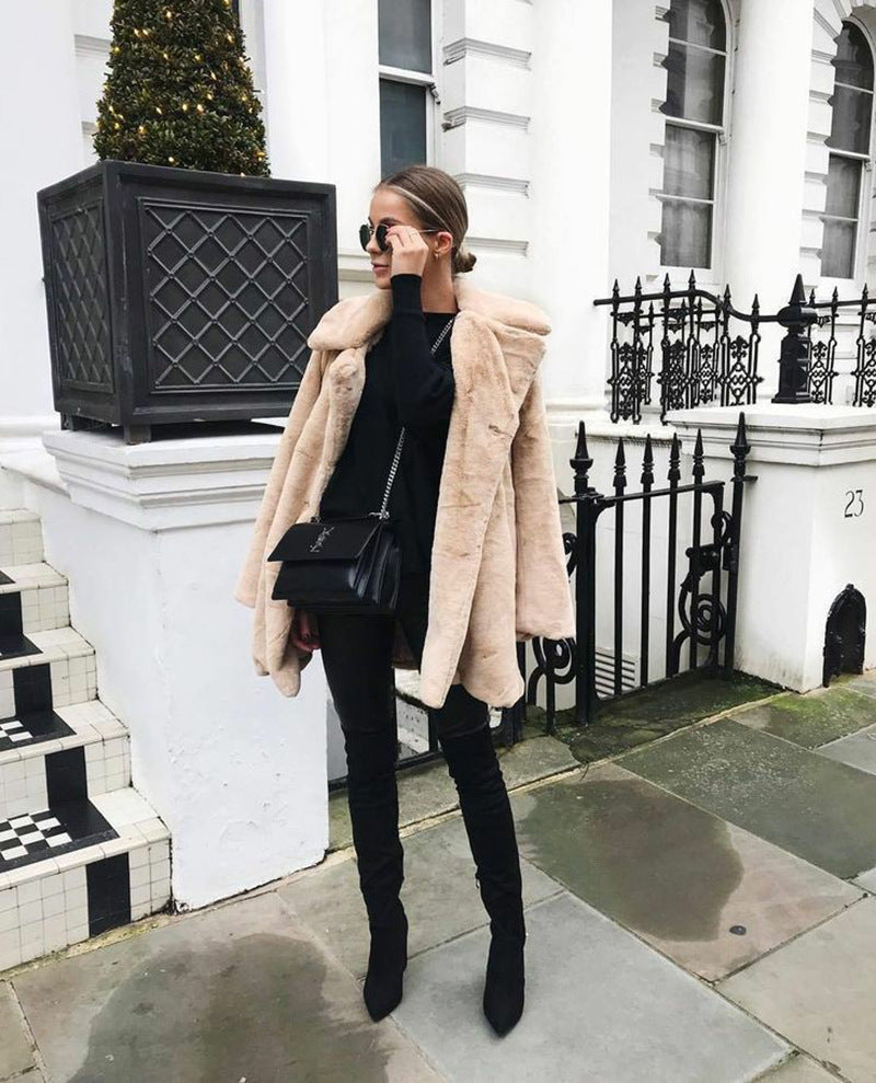 plus-size fur plush loose lapel midi coat