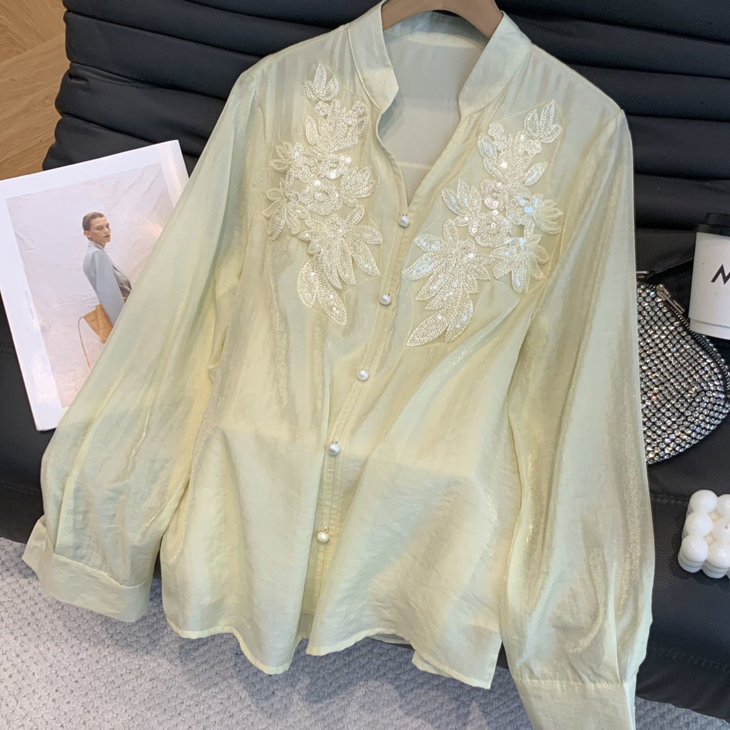 V-neck shirt with 3D sequined floral patchwork