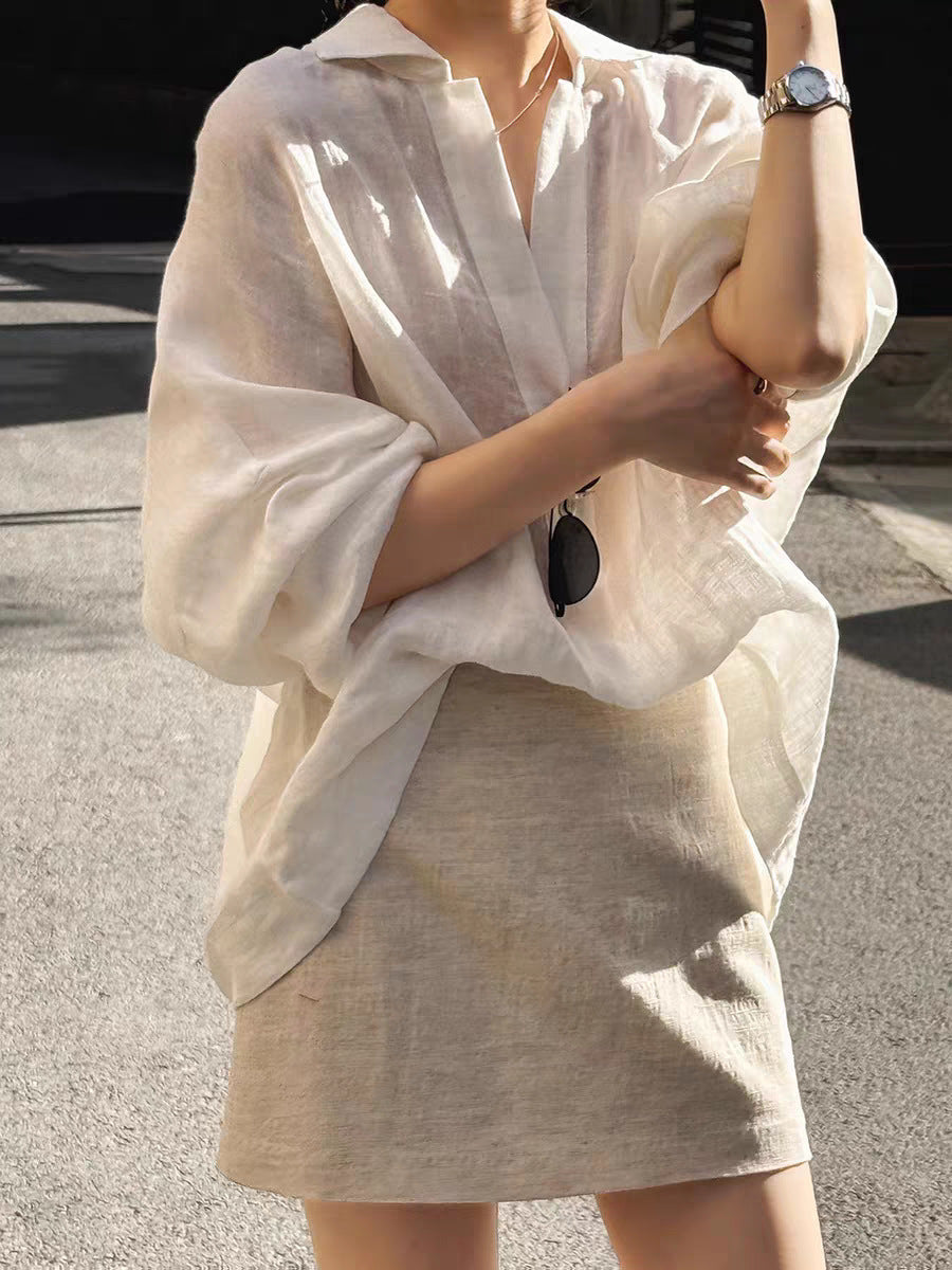 V-neck lightweight linen long-sleeved shirt for summer