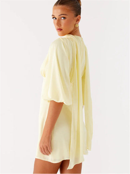 yeloow V-neck lantern mid-sleeve waist dress