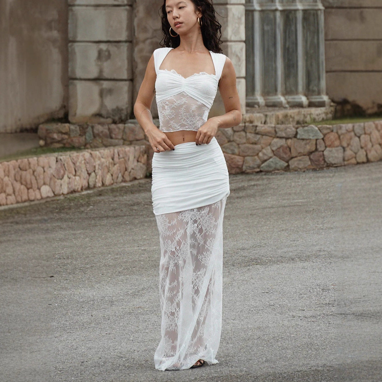 white lace suit skirt  see-through top skirt two-piece set