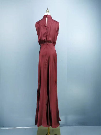 red stand collar slit banquet dress