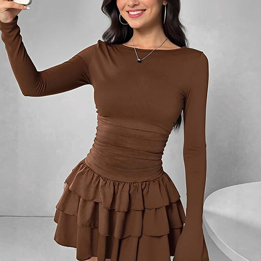 brown long-sleeved mini dress