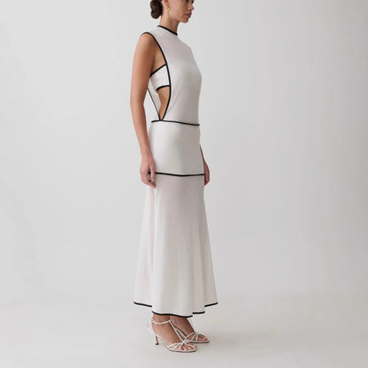 white splicing contrast cut-through knitted dress
