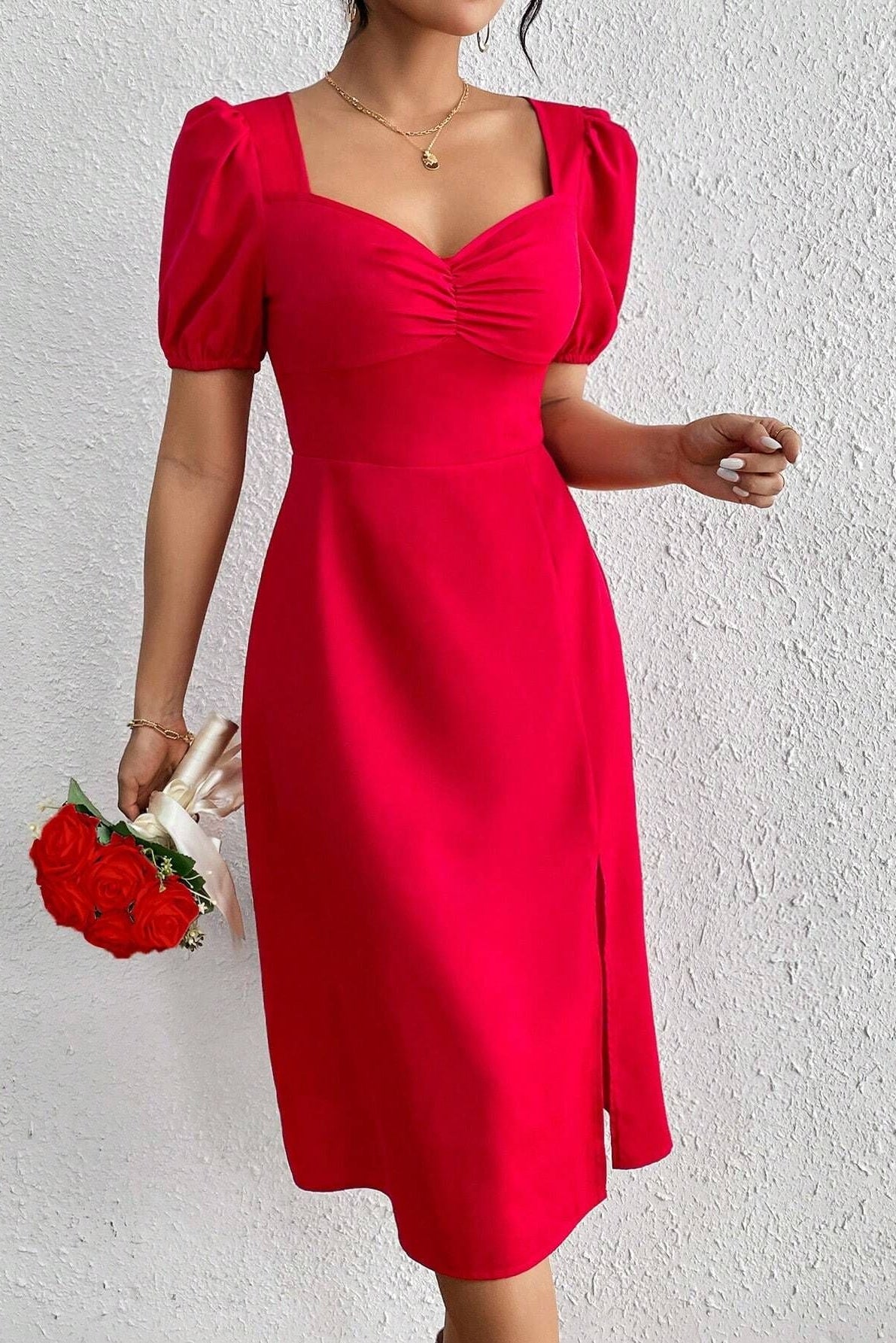 Red square-neck puff-sleeved pleated A-line midi dress
