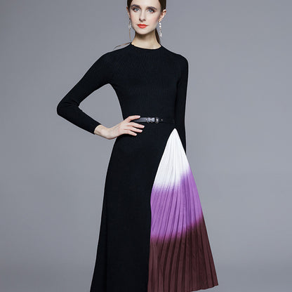 Knitted patchwork gradient pleated maxi dress