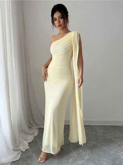yellow mesh one-shoulder maxi dress