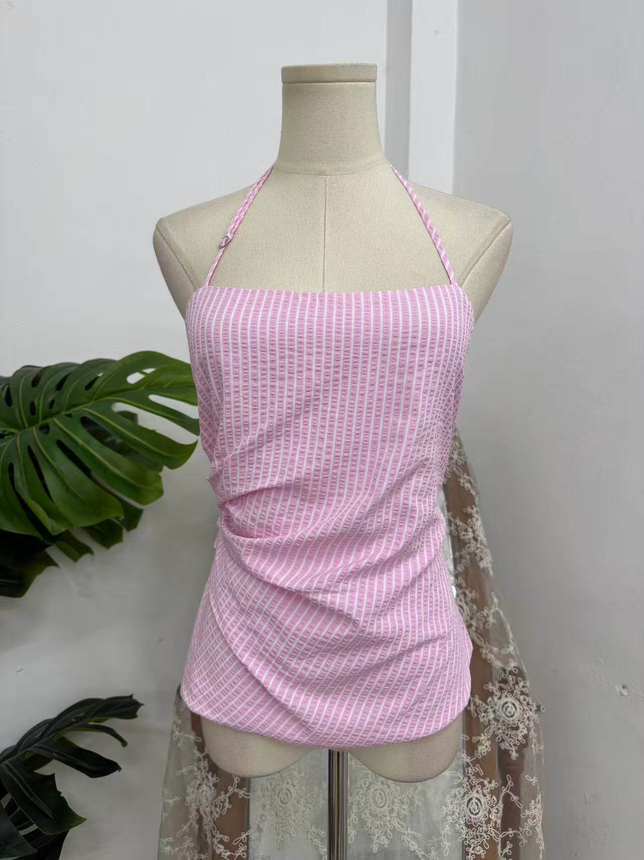 pink striped pleated halterneck top