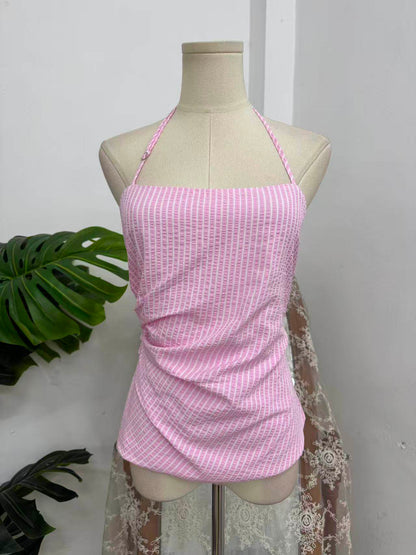pink striped pleated halterneck top