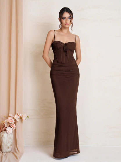 brown suspender mesh lace patchwork lace-up pleated dress