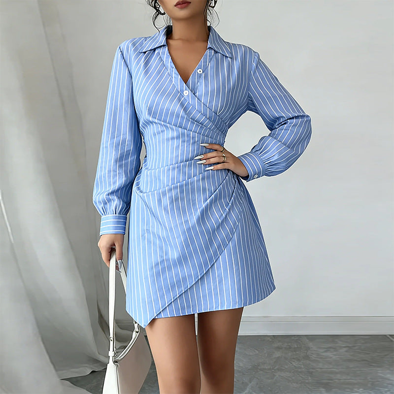 blue V-Neck Striped Pleated Slim mini Dress