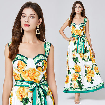 Off-shoulder backless printed sleeveless camisole maxi dress