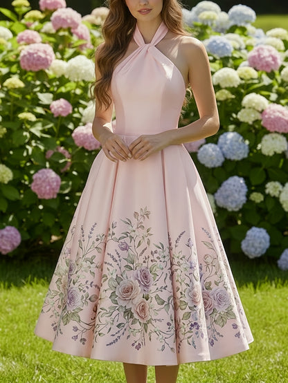 vivien Halter-neck floral print midi dress