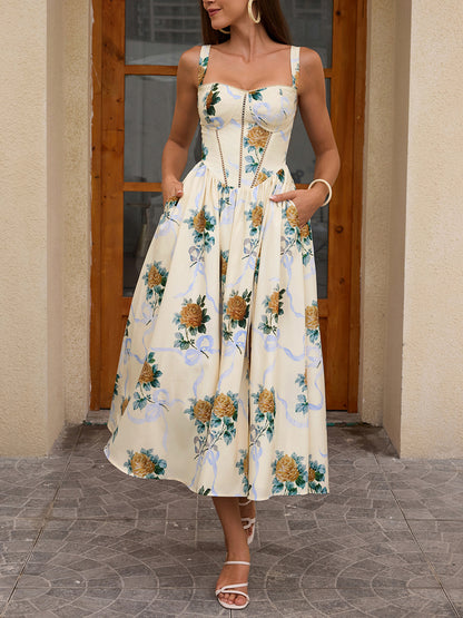 yellow print high slit open back midi dress