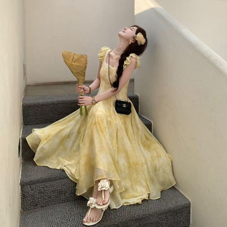 mandy square neck floral print maxi dress - yellow