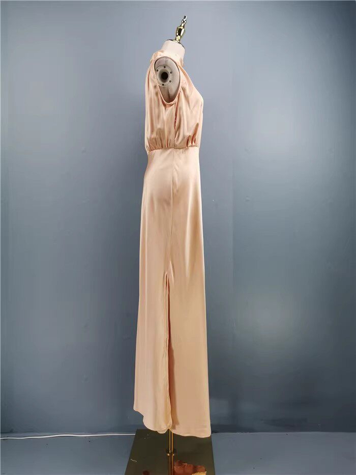 rose powder stand collar slit banquet dress