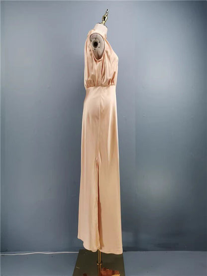 rose powder stand collar slit banquet dress