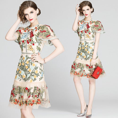 Lace Mesh Embroidered Ruffled Bodycon mini Dress