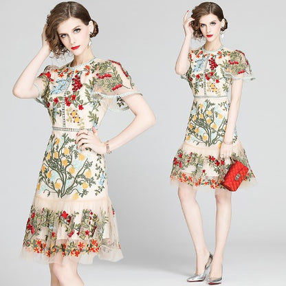 Lace Mesh Embroidered Ruffled Bodycon mini Dress