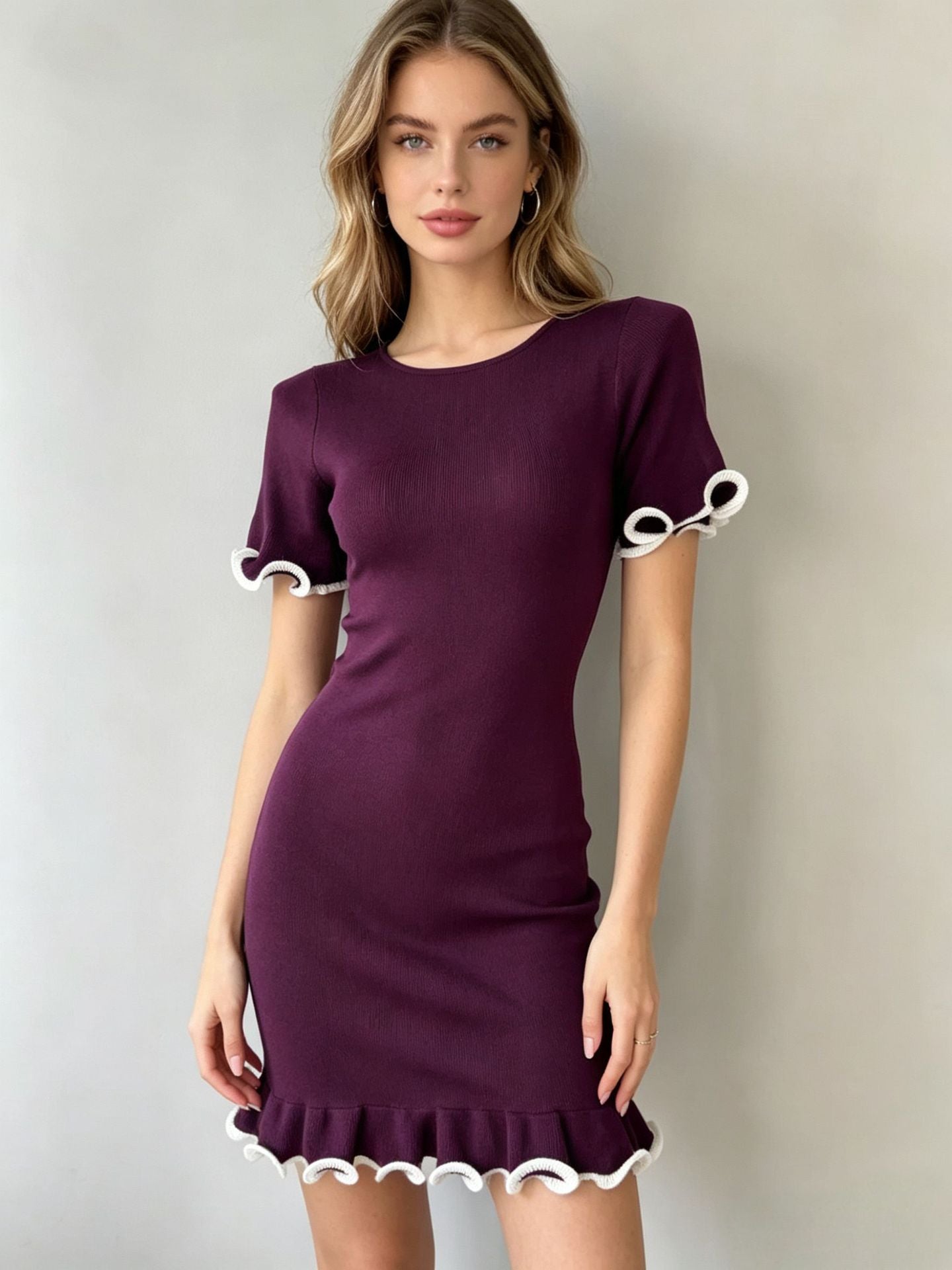 Ruffled Short-Sleeve Knit Dress with Rolled Cuffs
