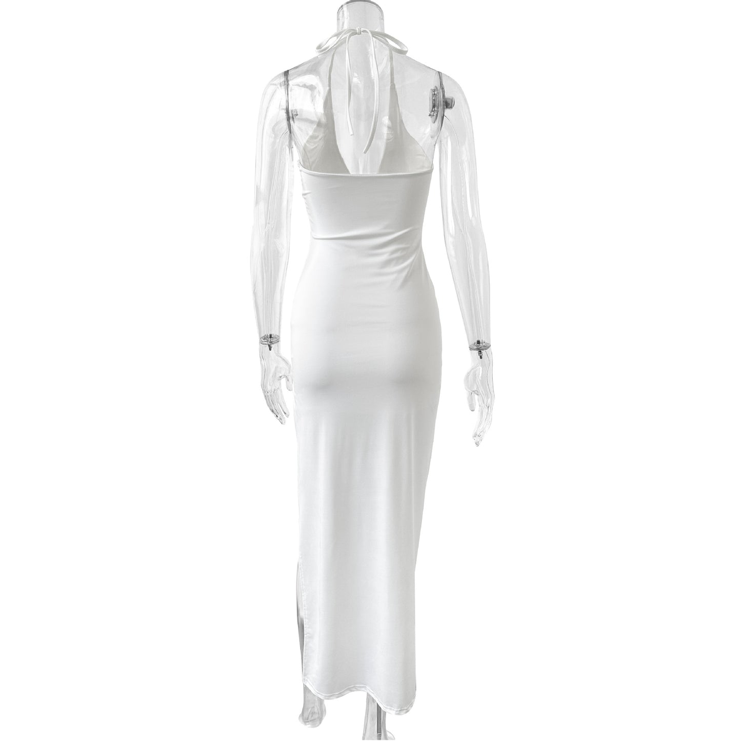 white Backless slit halter dress
