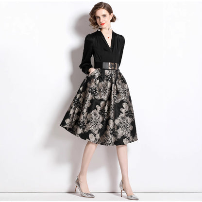 Deep V-neck patchwork jacquard puffy maxi dress