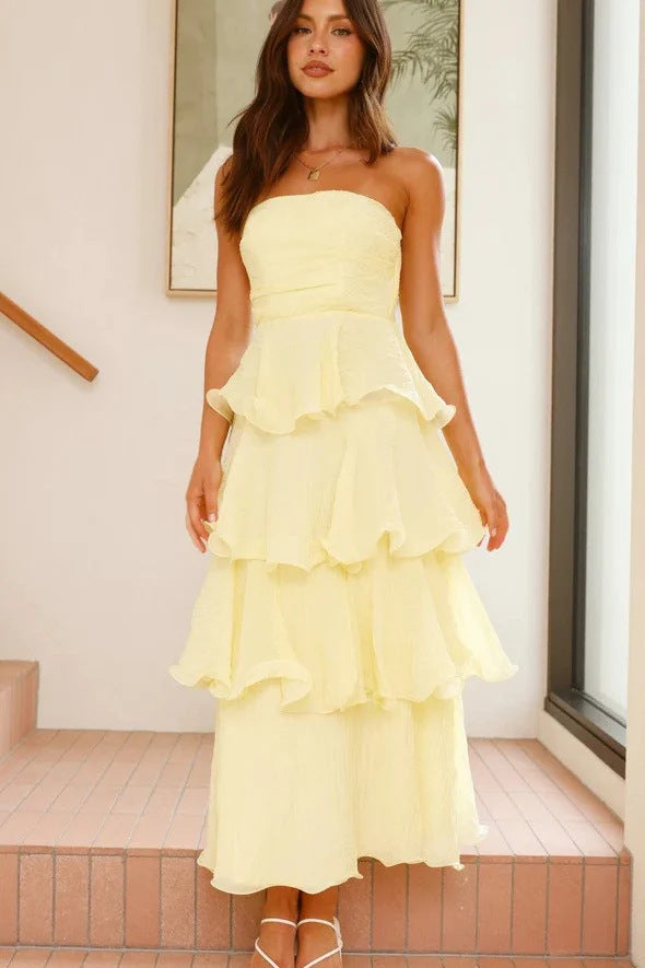 Boned strapless backless tiered midi dress