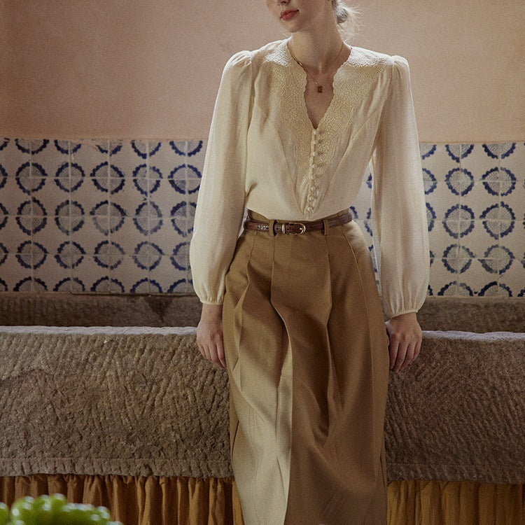 white Embroidery V-Neck French Retro Chic Shirt