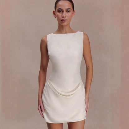 white sleeveless pleated suspender backless mini dress
