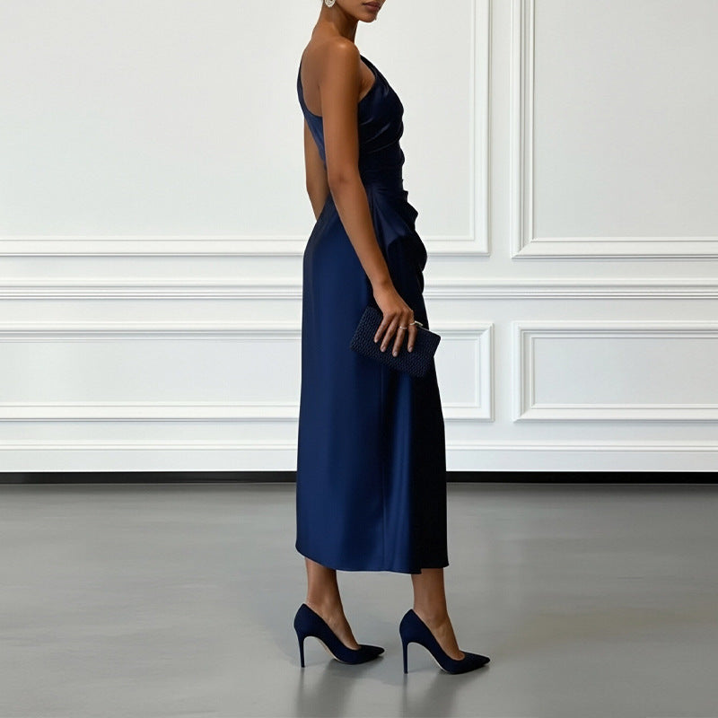 navy Off-the-Shoulder Evening Dress