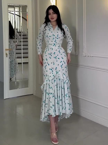 blue long sleeve Floral Ruffle maxi Dress